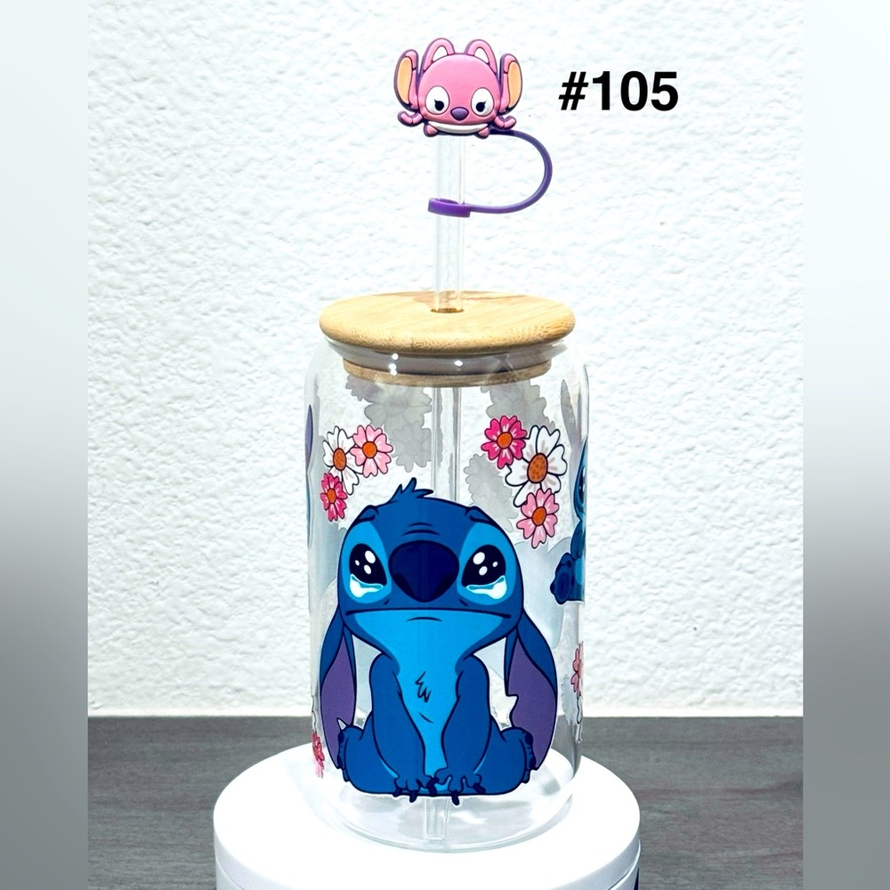 Stitch Floral Glass Tumbler with Straw